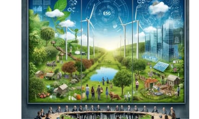 Şirket ortamında ESG yönetimini betimleyen kavramsal sanat eseri-dpi1004.com