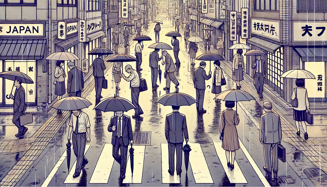 Disegno di persone con ombrelli in una città sotto la pioggia