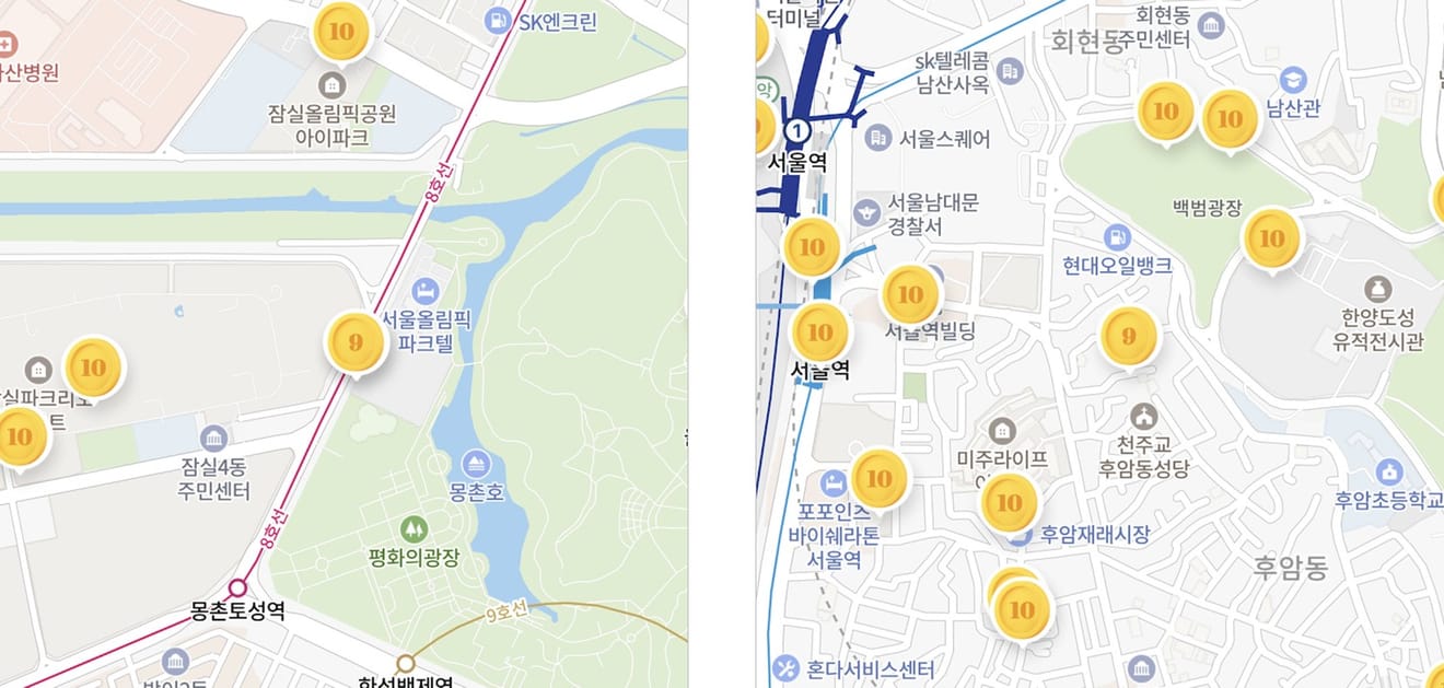 Screenshot of the map showing Olympic Park and Houam-dong Catholic Church