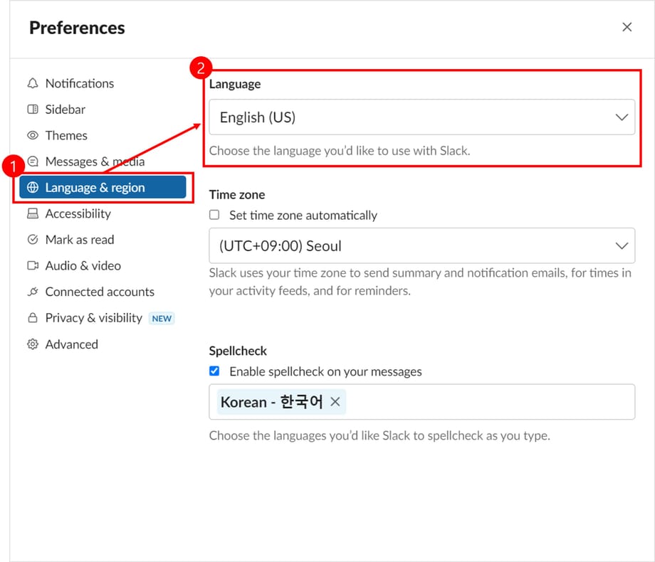 Screenshot of Slack language settings explanation