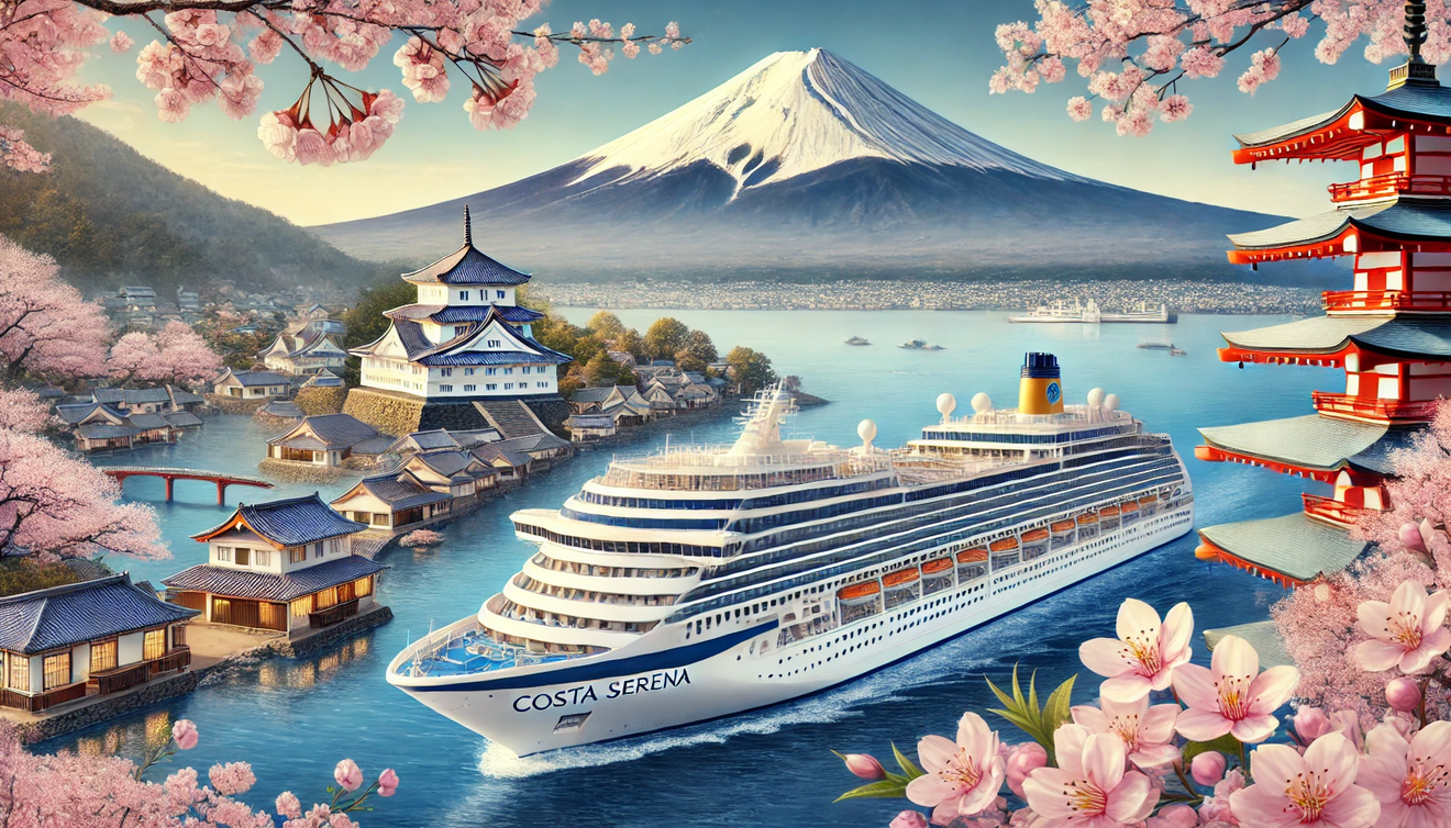 Na zdjęciu widoczny jest statek wycieczkowy na tle Japonii