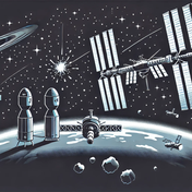 A drawing of a spacecraft in space