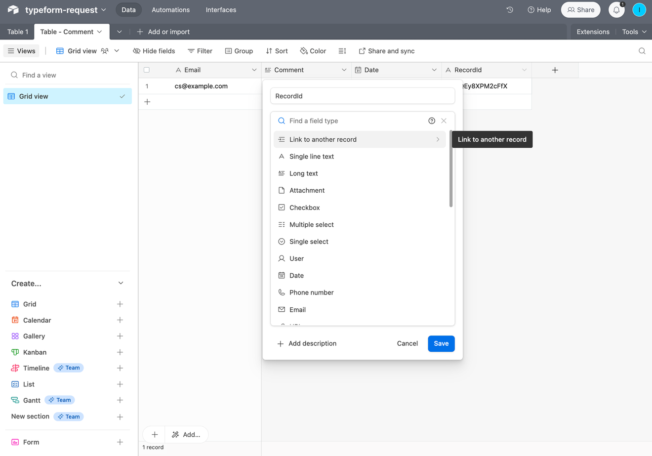 ส่งอีเมลโดยอ้างอิงตารางอื่นใน Airtable