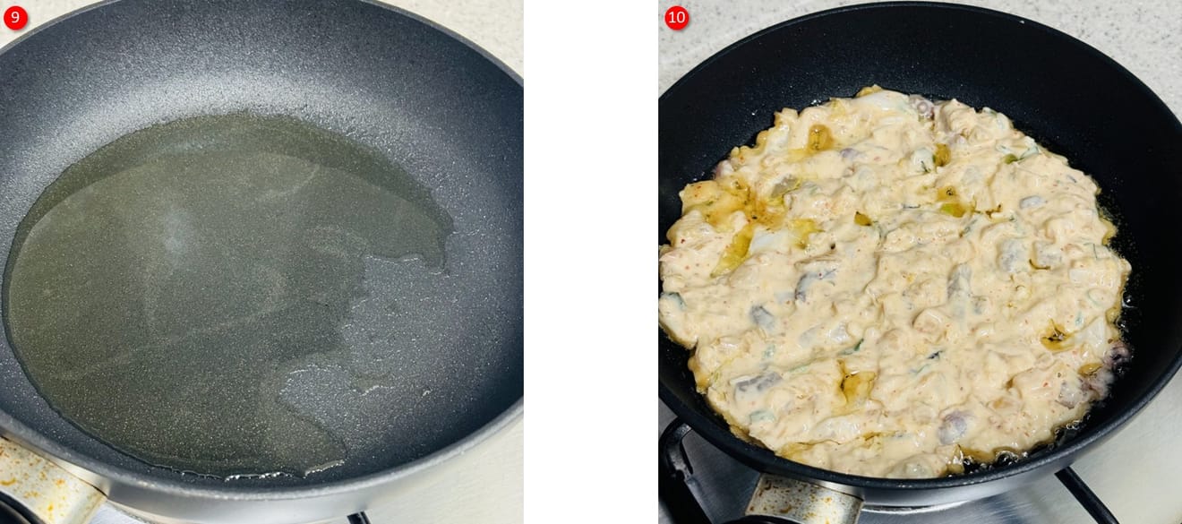 Isıtılmış tavada kimchi jeon hamurunu pişiriyor