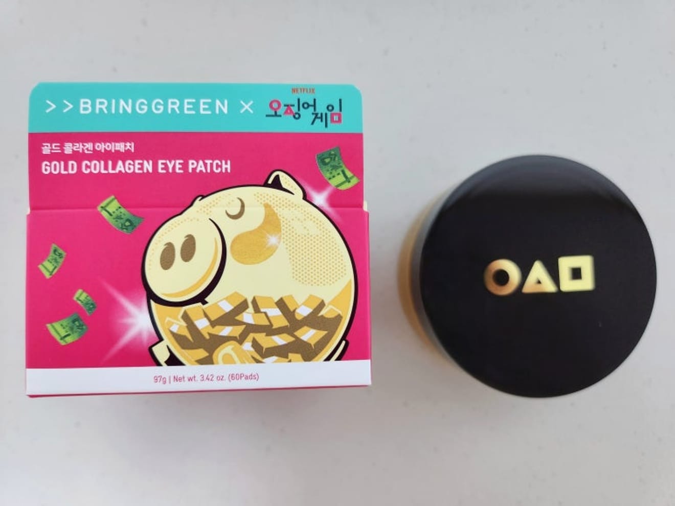 ของที่ระลึกจากการร่วมมือกันระหว่างเกมイカゲーム (Squid Game) และแบรนด์ Bring Green ที่ Olive Young