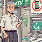 Bild eines Seniors, der ein Handy an einem Geldautomaten hält