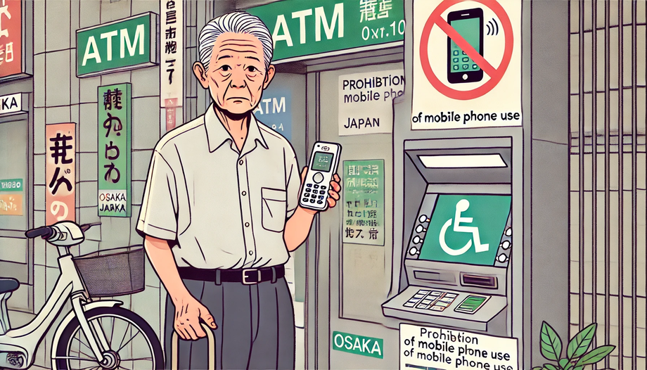 一位老年人在 ATM 機旁使用手機的圖像