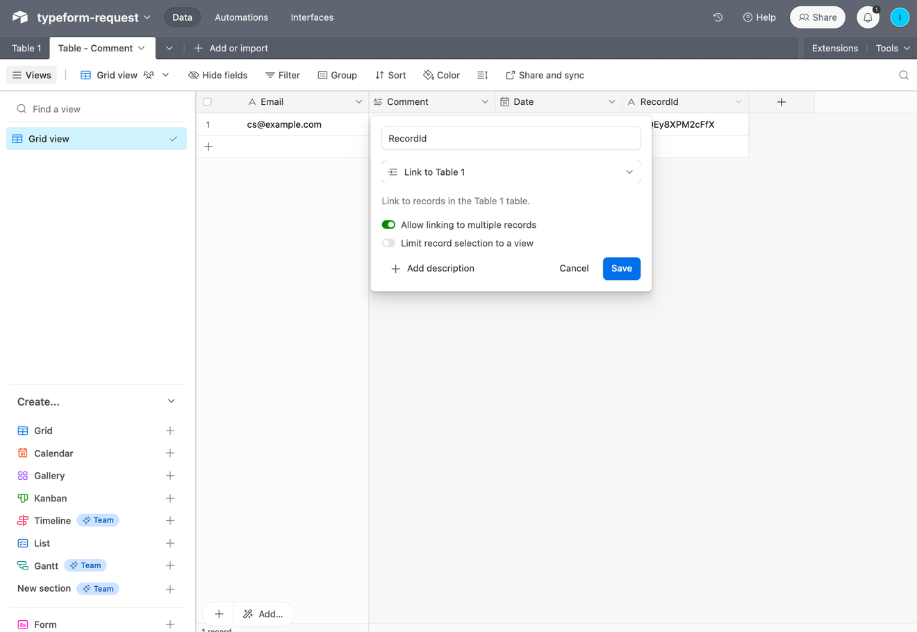 ส่งอีเมลโดยอ้างอิงตารางอื่นใน Airtable