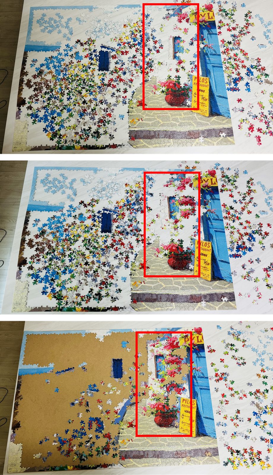 A picture of a jigsaw puzzle being assembled one by one