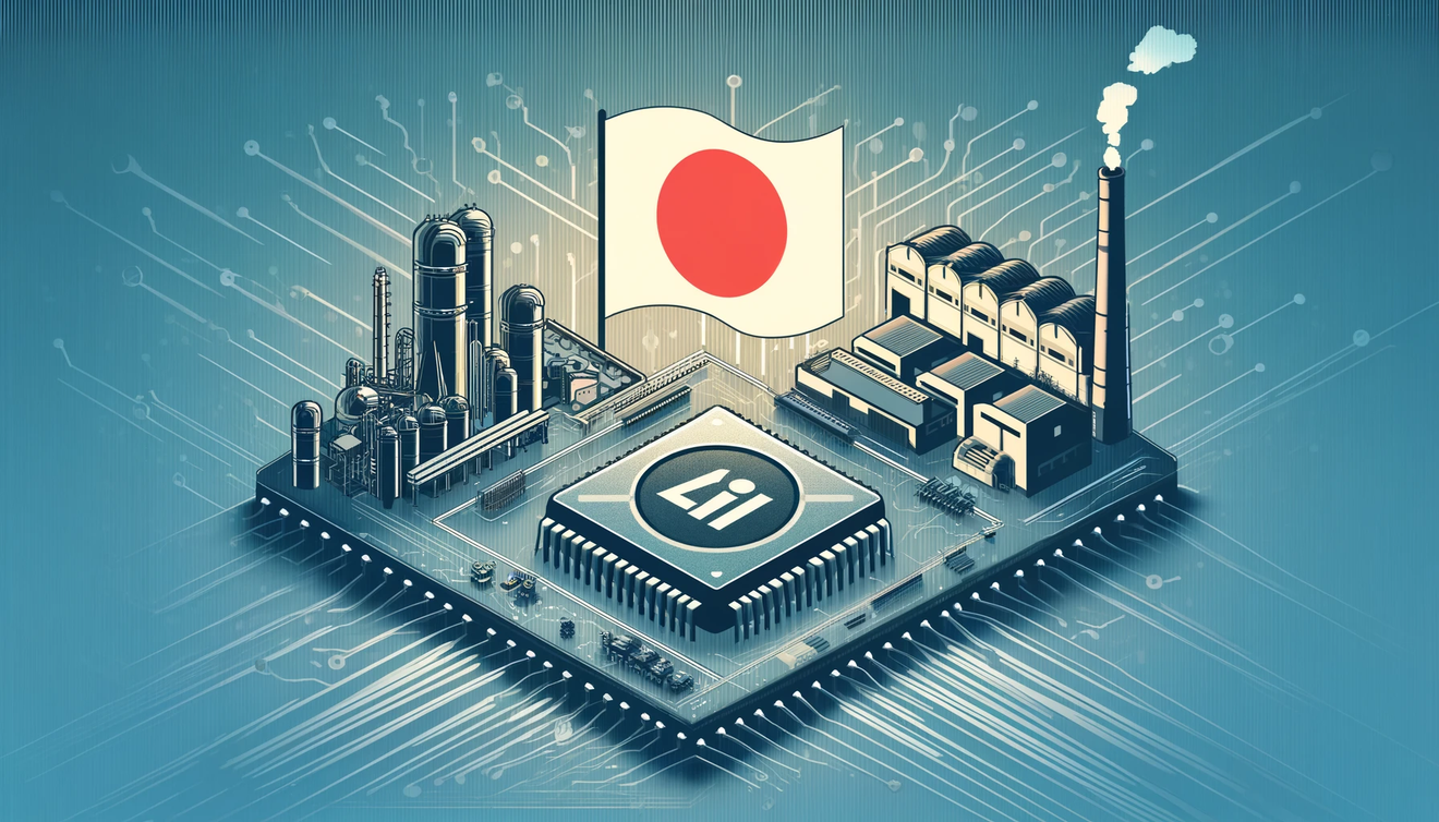 Imagem de uma fábrica de semicondutores com a bandeira japonesa sobreposta