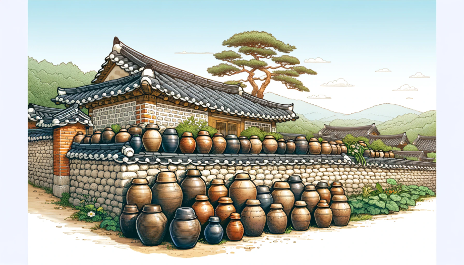 Een tekening van een traditioneel Koreaans huis met meerdere aardewerkpotten