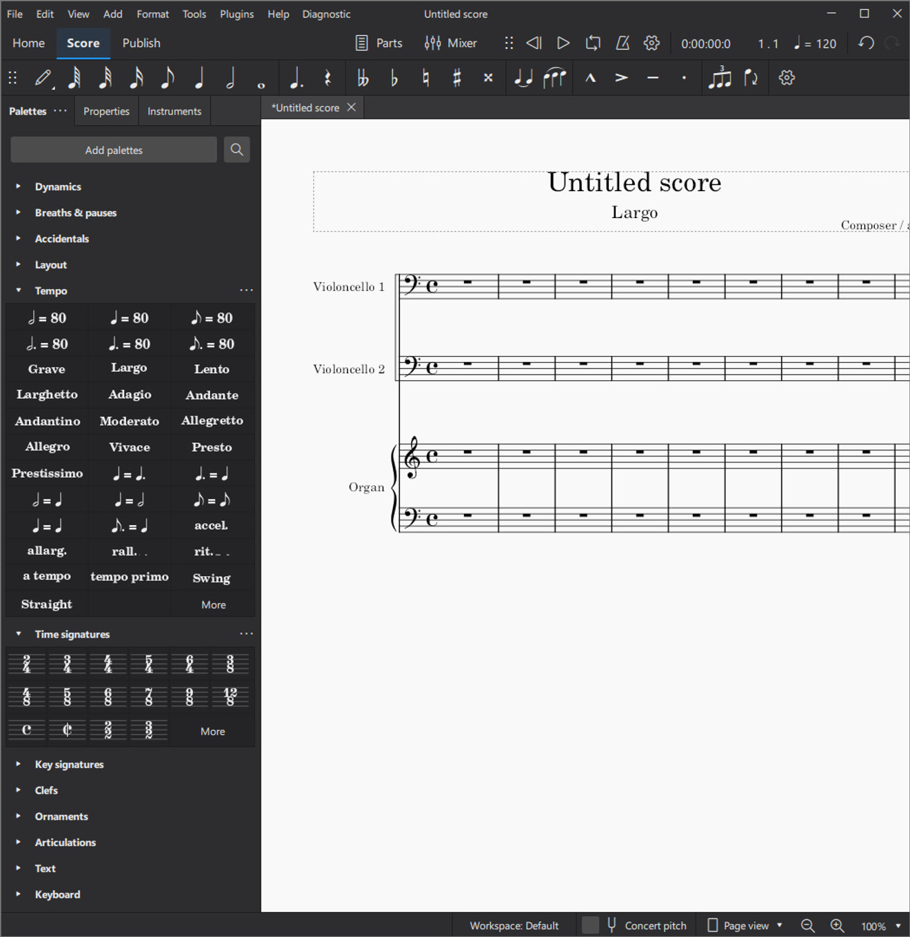 MuseScoreで2段のオルガンに指定する方法