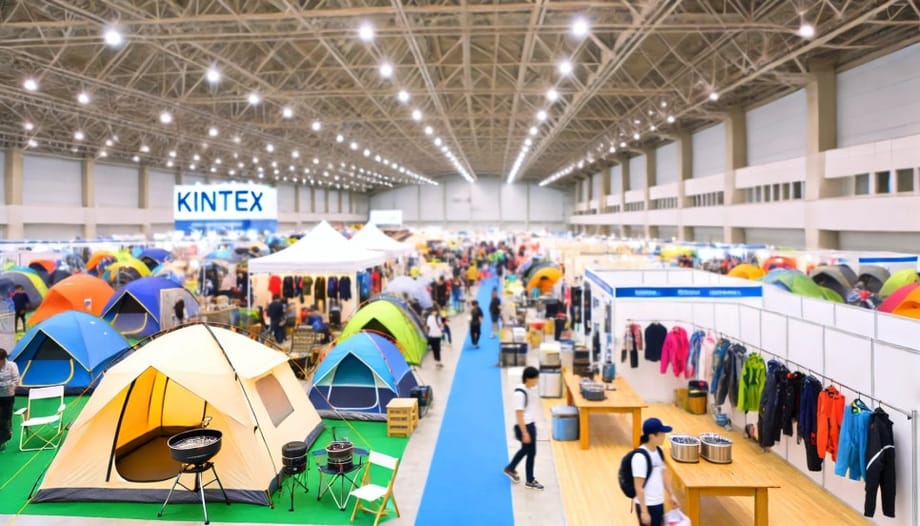 Imagen de un montón de equipos de camping en la feria