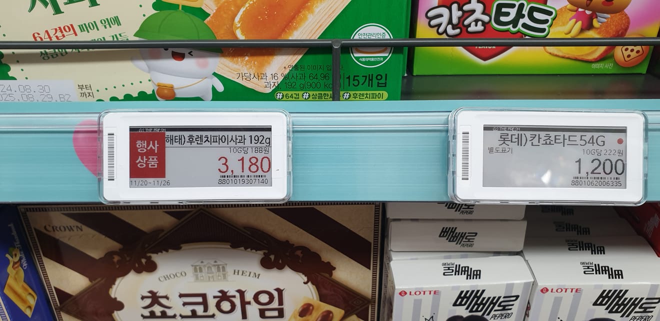Imagem de guloseimas em uma prateleira de supermercado.  Há um pacote de maçã Haitai French Pie (192g) e Lotte Kancho Tart (54g), cada um com uma etiqueta de promoção "PROMOÇÃO" e preço com desconto em uma etiqueta de preço digital. As etiquetas de preço incluem nome do produto, peso, preço unitário, período de desconto e preço.