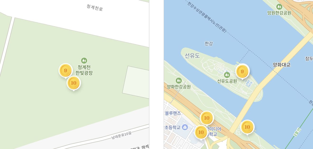 Screenshot van de kaart met het Cheonggyecheon-lichtplein en het Sunyudo-park