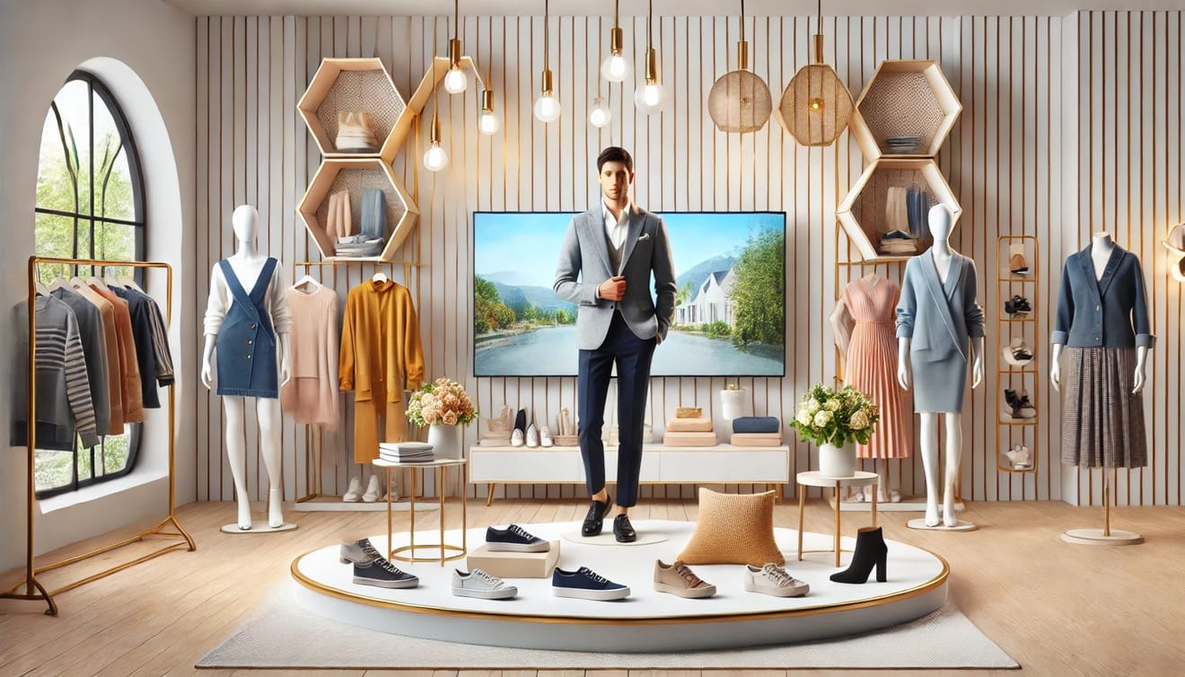 A male model standing on a shop window