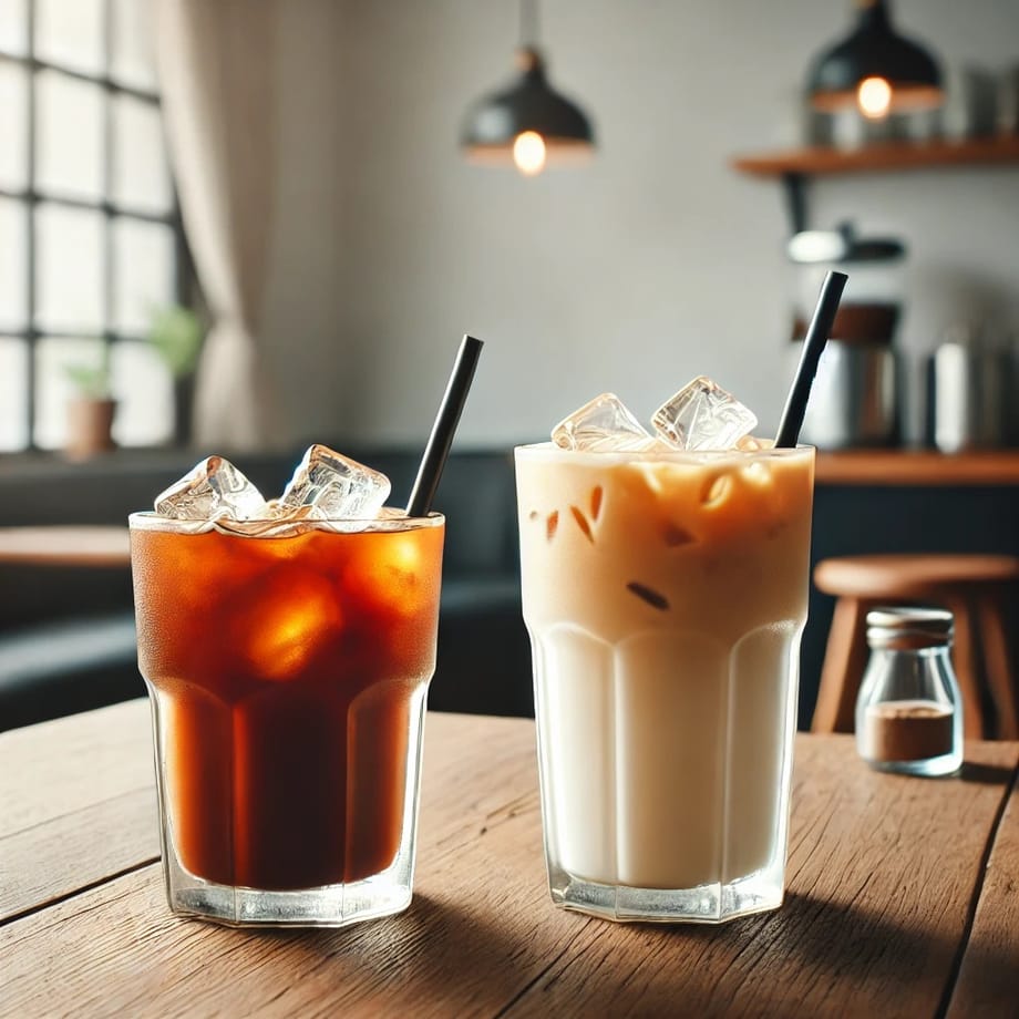 Masada bir bardak soğuk demleme ve bir bardak soğuk demleme latte