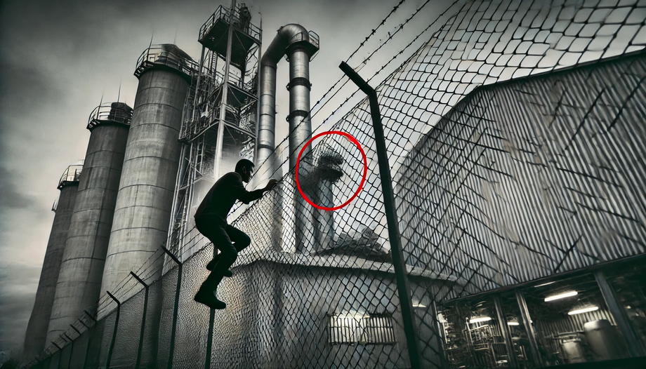 A picture of an illegal immigrant climbing over a factory wall